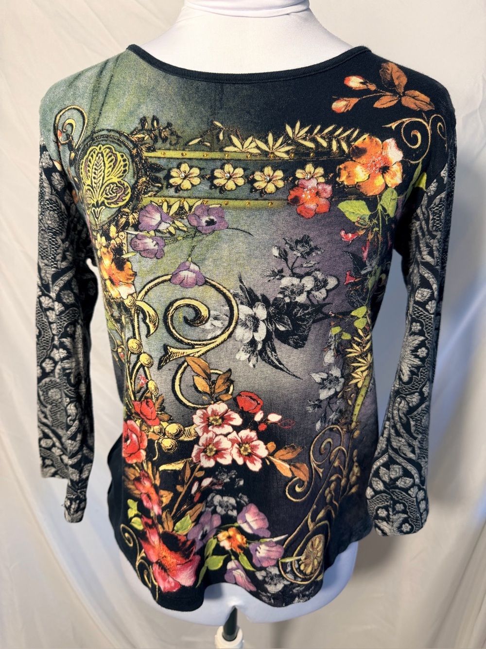 Y2K Whimsigoth Katina Marie All Over Print Floral Top Boho Bling Mesh Vibe